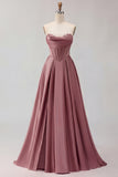 Golden A Line Beaded Strapless Corset Satin Long Prom Dress