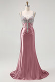 Blush Mermaid Spaghetti Straps Beaded Corset Long Prom Dress with Rhinestones