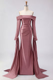Off the Shoulder Dark Green Mermaid Ruched Prom Dress with Long Sleeves