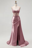 Champagne Mermaid Corset Streamer Beaded Ruched Long Prom Dress with Slit