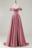 Off the Shoulder A Line Blue Satin Long Bridesmaid Dress with Slit