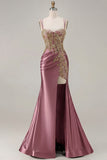 Black Mermaid Embroidered Beaded Lace Up Back Long Prom Dress with Slit