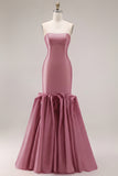 Fuchsia Strapless Mermaid Satin Long Prom Dress with 3D Flowers