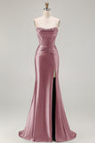 Dark Green Beaded Corset Strapless Mermaid Long Prom Dress with Slit