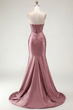 Burgundy Mermaid Sweetheart Corset Beaded Ruched Long Prom Dress with Slit