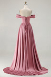 Off the Shoulder A Line Blue Satin Long Bridesmaid Dress with Slit