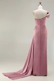 One Shoulder Green Sheath Ruched Long Prom Dress with Slit