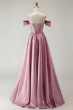 Off the Shoulder Purple A Line Beaded Corset Long Prom Dress with Slit