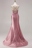 Mermaid Fuchsia Satin Cut Out Ruched Long Prom Dress with Slit