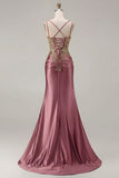 Black Mermaid Embroidered Beaded Lace Up Back Long Prom Dress with Slit