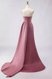 Royal Blue A Line Beaded Strapless Ruched Long Prom Dress with Slit