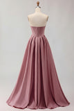 Golden A Line Beaded Strapless Corset Satin Long Prom Dress
