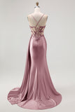 Champagne Mermaid Corset Streamer Beaded Ruched Long Prom Dress with Slit