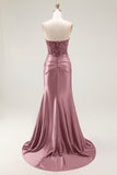 Sweetheart Mermaid Red Beaded Sequins Pleated Satin Long Prom Dress with Slit