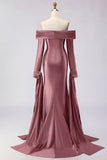 Off the Shoulder Dark Green Mermaid Ruched Prom Dress with Long Sleeves