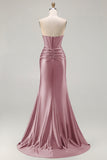 Dark Green Beaded Corset Strapless Mermaid Long Prom Dress with Slit