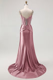 Blush Mermaid Spaghetti Straps Beaded Corset Long Prom Dress with Rhinestones