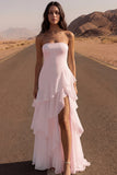 Strapless Ruffled Ivory A Line Maxi Wedding Dress with Slit