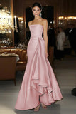 Pink Strapless Sheath Satin Formal Dress with Ruffles