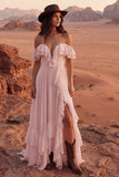 Off the Shoulder Ivory Ruffled A Line Wedding Dress with Slit