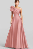 Navy A Line Ruffled One Shoulder Satin Long Formal Dress
