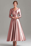 A Line Grey Blue V-Neck Mother Of the Bride Dress with Long Sleeves