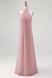 Simple White A Line Halter Long Engagement Dress