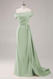 Champagne Mermaid One Shoulder Pleated Long Formal Dress with Side Streamer