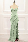 Spaghetti Straps Jade Tiered Mermaid Bridesmaid Dress With Slit
