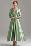 A Line Grey Blue V-Neck Mother Of the Bride Dress with Long Sleeves