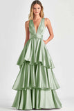 A-Line V Neck Tiered Long Prom Dress with Ruffles