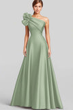 Navy A Line Ruffled One Shoulder Satin Long Formal Dress