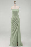 Light Pink Strapless Ruched Sheath Long Prom Dress with Slit