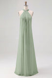 Simple White A Line Halter Long Engagement Dress
