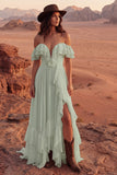 Off the Shoulder Ivory Ruffled A Line Wedding Dress with Slit
