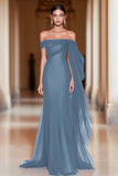 Cabernet Off the Shoulder Mermaid Tulle Long Formal Dress with Cape