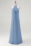 Simple White A Line Halter Long Engagement Dress