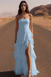 Strapless Ruffled Ivory A Line Maxi Wedding Dress with Slit