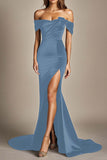 Mermaid Black Off the Shoulder Satin Evening Dress with Slit