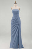 Light Pink Strapless Ruched Sheath Long Prom Dress with Slit