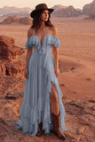 Off the Shoulder Ivory Ruffled A Line Wedding Dress with Slit