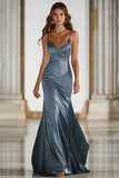 Dark Green Mermaid Spaghetti Straps Satin Long Gala Dress