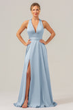 Pink A Line Deep V Neck Lace Up Back Long Satin Bridesmaid Dress with Slit