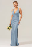 Pink Mermaid Deep V Neck Ruched Long Bridesmaid Dress with Lace Up Back
