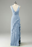 Lime Sheath V Neck Floral Open Back Bridesmaid Dress with Ruffle Slit