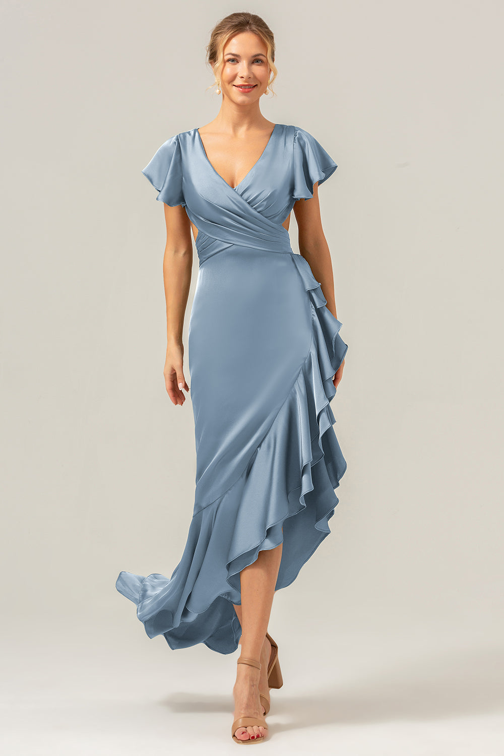 Wedtrend Women Olive Bridesmaid Dress with Ruffles A Line Short Sleeves V Neck Asymmetrical Wedding Guest Dress – WEDTREND