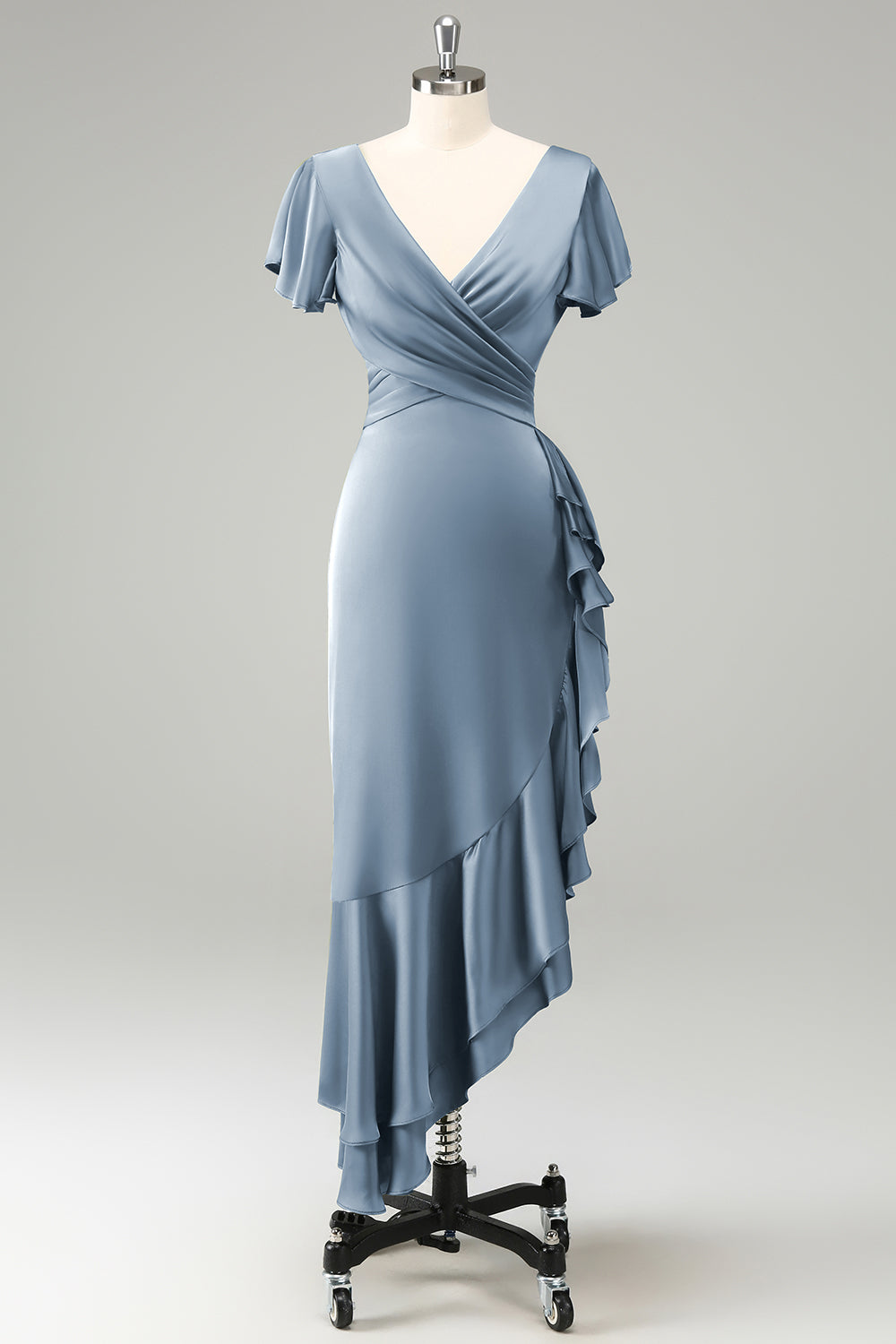 Wedtrend Women Elegant Olive Bridesmaid Dress A Line V Neck Short Sleeves Asymmetrical Guest Dress with Ruffles, Dusty Blue / US16