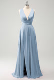Burgundy A Line Deep V Neck Backless Long Bridesmaid Dress with Slit