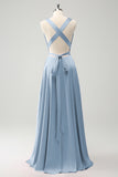 Burgundy A Line Deep V Neck Backless Long Bridesmaid Dress with Slit