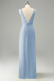 Lime Sheath V Neck Floral Open Back Bridesmaid Dress with Ruffle Slit